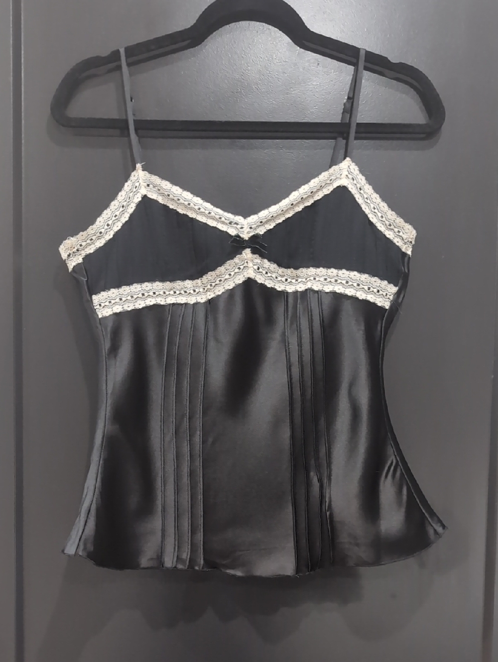 Speechless Black Satin Camisole with White Lace Trim